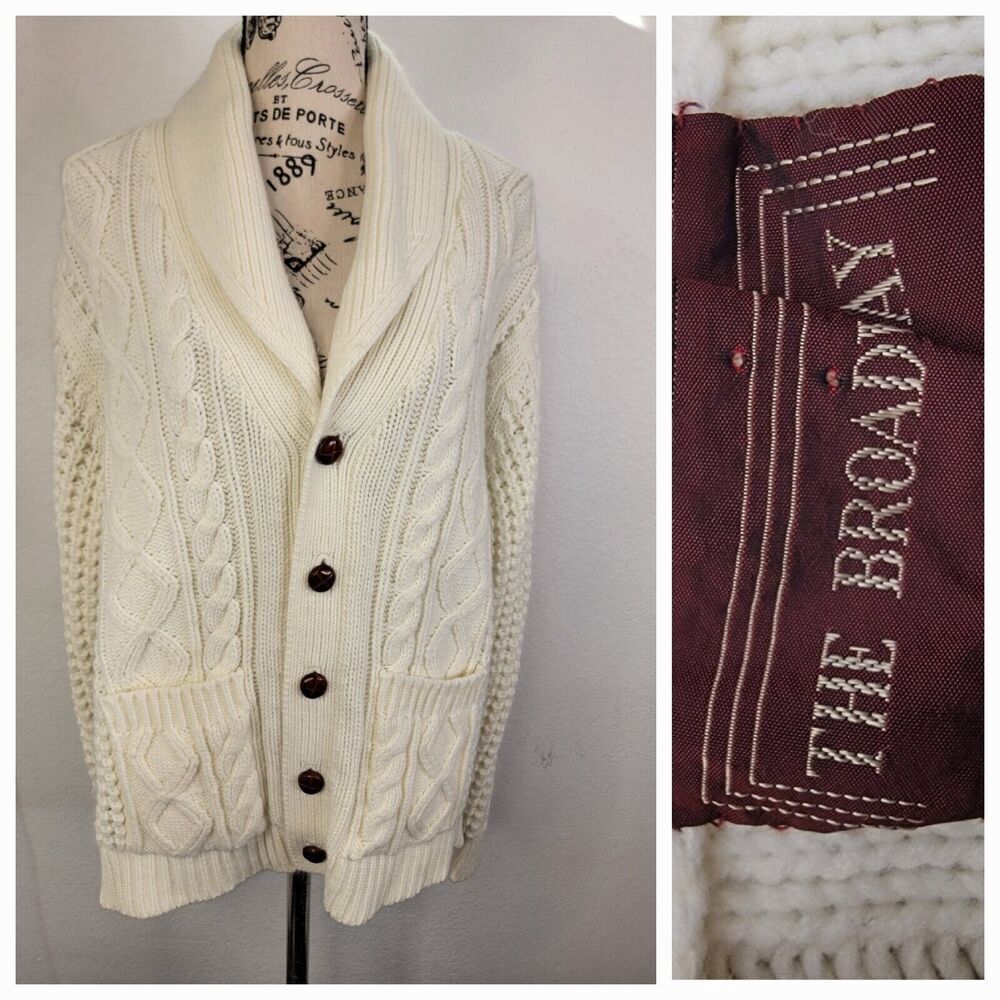 The Broadway Grandpa Cardigan Sweater Large Cable Knit Shawl Collard Fisherman